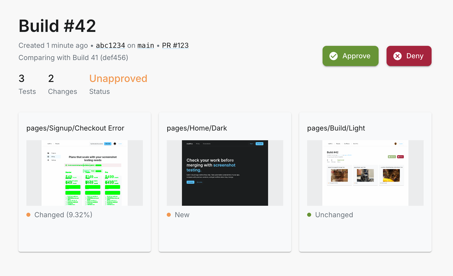 VizDiff build page showing an uploaded Storybook build